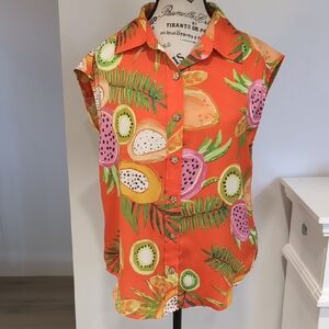 MAISON D'AMELIE | Women's Vibrant Orange Fruit Print Button Up Sleeveless Blouse